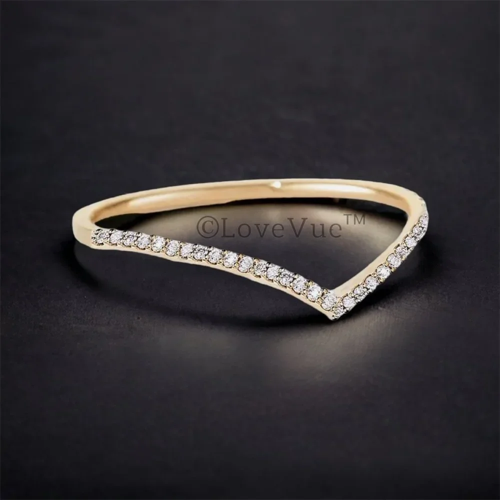 1mm Diamond Brilliant Cut Dainty Chevron Wedding Engagement Gold Band Ring - Picture 3 of 17